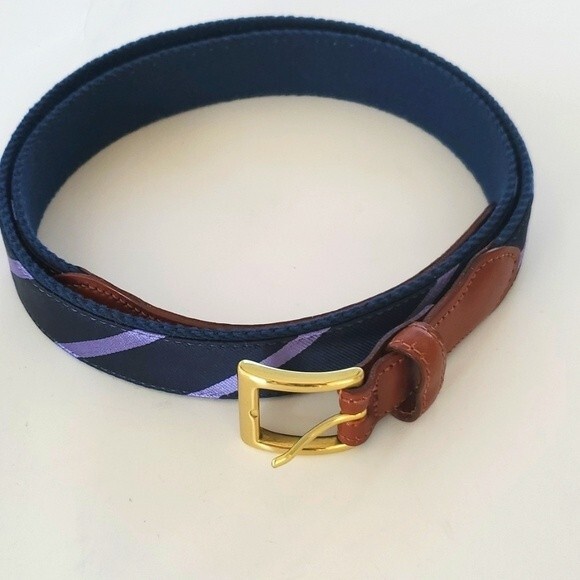 LEATHER MAN LTD. PURPLE BLUE STRIPE CANVAS LEATHER TAB BELT SIZE 42 - Picture 1 of 11